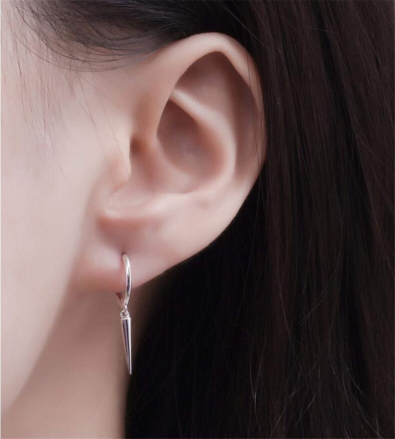 Dtja Minimalist Spike Dangle Drop Hoop Earrings for Women Girls 925 Sterling Silver Charms Hoops Cuff Cartilage Stud Tragus Helix Wrap Geometric Hypoallergenic Fashion Personalized Punk (Silvery) - Image 2